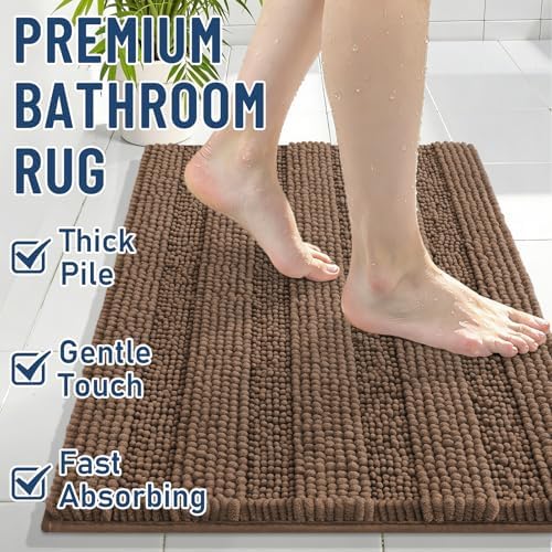 Grandaily Chenille Striped Bathroom Rugs 30x20, Extra Thick and Soft Absorbent Bath Mats, Rubber Backing, Plush Shaggy Shower Carpet, Machine Wash Dry, Bath Rug for Bathroom, Mocha