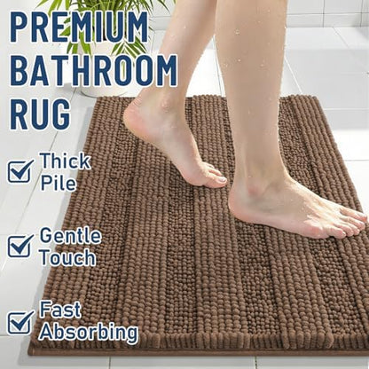 Grandaily Chenille Striped Bathroom Rugs 24x16, Extra Thick and Soft Absorbent Bath Mats, Rubber Backing, Plush Shaggy Shower Carpet, Machine Wash Dry, Bath Rug for Bathroom, Mocha