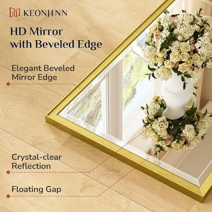 Keonjinn 48" x 24" Brushed Gold Framed Mirror for Bathroom, Tempered Glass