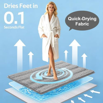 ACCUMTEK Striped Light Grey Toilet Bathroom Rug Mat Set 2 piece Rug Ultra Soft, Non Slip Chenille Bath Rugs, Absorbent Plush Shaggy Bath Mats for Bathroom, Bedroom, Kitchen, Shower, Tub