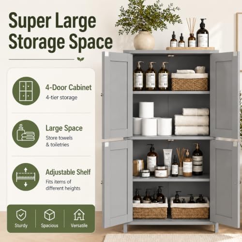 Nuturelly Bathroom Floor Storage Cabinet, 4 Doors, Anti-Tip, Grey