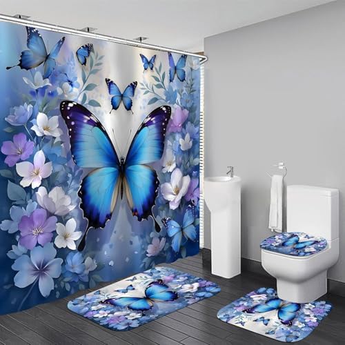 Chrainy 4pcs Blue Butterfly Shower Cutain Set Bathroom Decor with Rugs