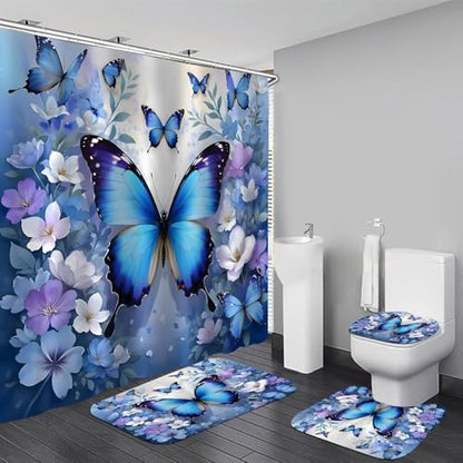 Chrainy 4pcs Blue Butterfly Shower Cutain Set Bathroom Decor with Rugs