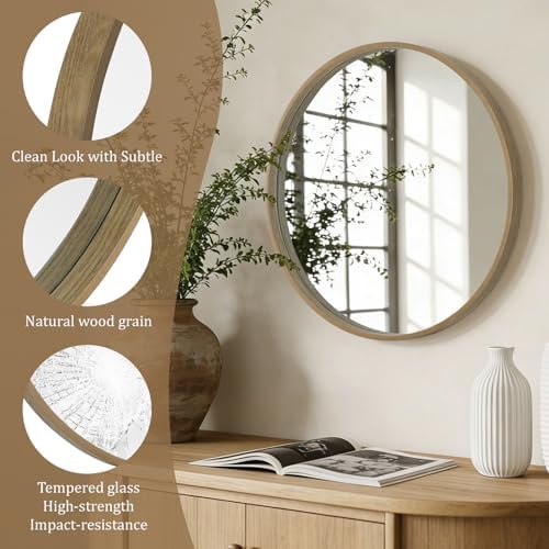 WallBeyond Round Wood Mirror 24" Circle Wall Mirror for Bathroom Round Wall Mirror for Wall Decor, Vanity, Entryway Living Room, Honey