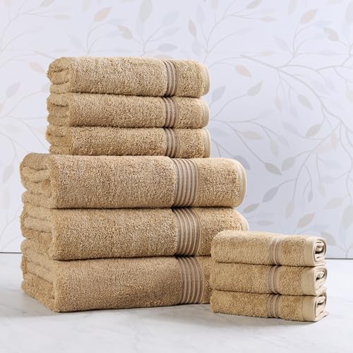 Superior Egyptian Cotton 9-Piece Towel Set, Assorted Towels for Home Bathroom, Guest Bath Decor Essentials, Includes 3 Bath, 3 Hand, 3 Face Towels/Washcloths, Quick Dry, Absorbent - Toast