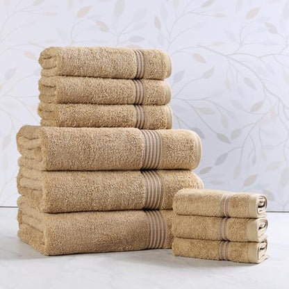 Superior Egyptian Cotton 9-Piece Towel Set, Assorted Towels for Home Bathroom, Guest Bath Decor Essentials, Includes 3 Bath, 3 Hand, 3 Face Towels/Washcloths, Quick Dry, Absorbent - Toast