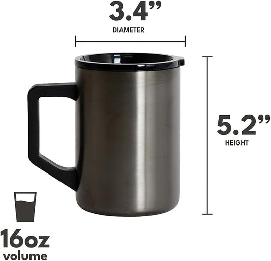 Elemental Insulated Coffee Mug - Triple Wall Stainless Steel Summit Travel Cup for Hot and Cold Drinks - Thermal Coffee Mug with Lid and Handle for Camping, Office & Travel 16oz - Gunmetal