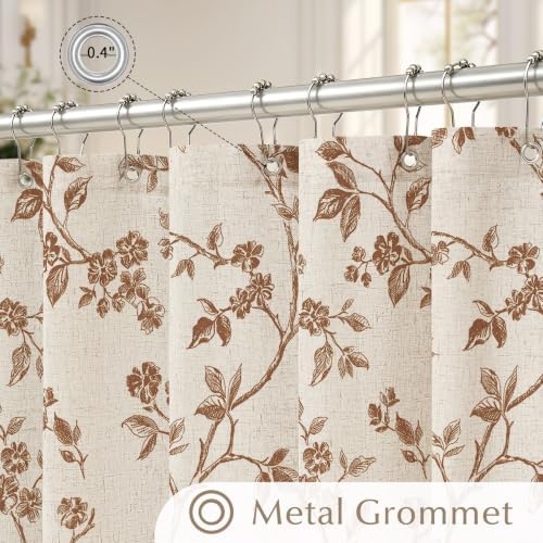 MitoVilla Brown Linen Floral Shower Curtain for Bathroom, 72 x 72