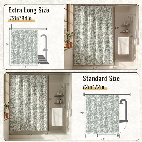 Farmhouse Sage Green Floral Shower Curtain with 12 Clear Rings 72"W x 72"L