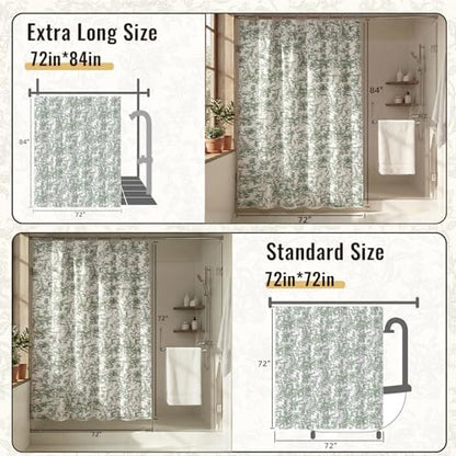 Farmhouse Sage Green Floral Shower Curtain with 12 Clear Rings 72"W x 72"L