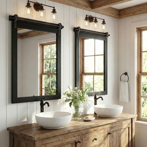 24"x36" Black Wood Grain Barn Door Vanity Mirror with Wood Header