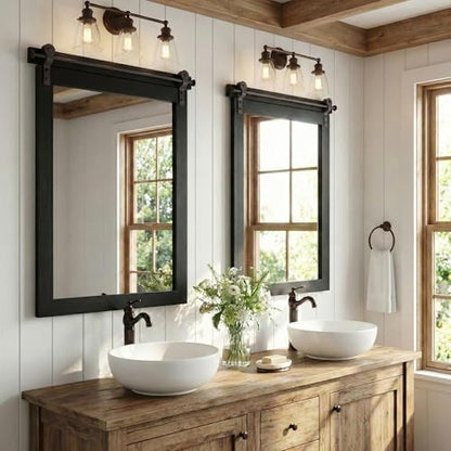 24"x36" Black Wood Grain Barn Door Vanity Mirror with Wood Header