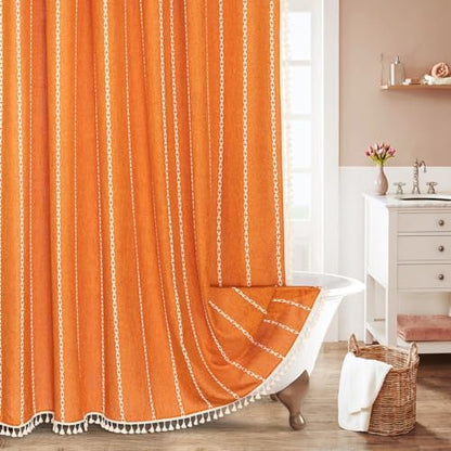 Farmhouse Tassel Linen Shower Curtain,3D Embroidery Stripe Orange,72x78