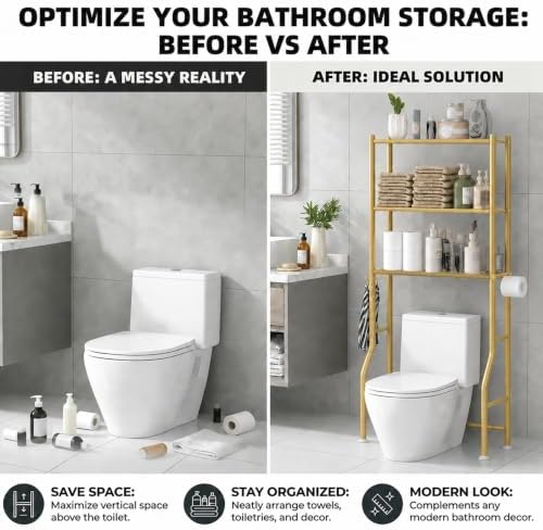 GloTika 3-Tier Over Toilet Storage, Anti-Tilt, 64" H, Gold