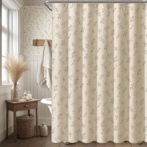 Grey Floral Farmhouse Vintage Linen Shower Curtain French Country 72Wx72H