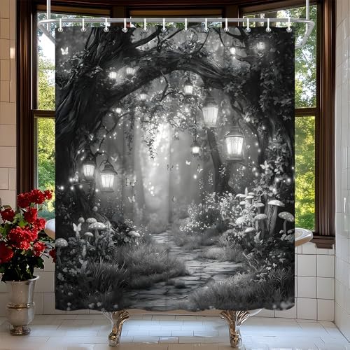 Fantasy Forest Path Shower Curtain Grey Fairy Magical Enchanted Misty Jungle Mushroom Floral Tree Butterfly Lantern Wonderland Bath Curtain Fabric Bathroom Accessories Decor with Hooks 55W x70L