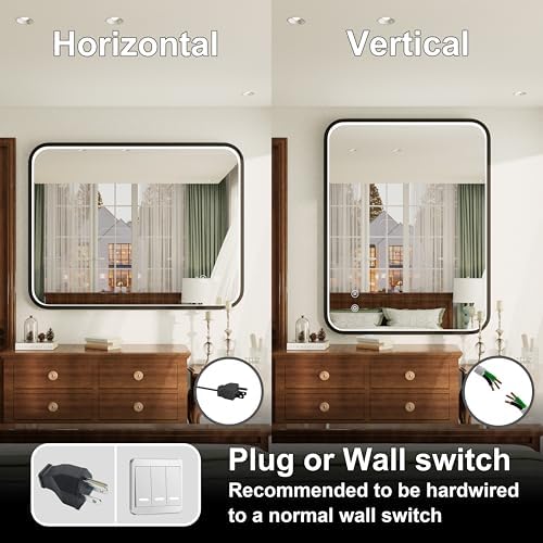 40"x30" Black LED Bathroom Mirror with Lights, 3000K/4500K/6000K