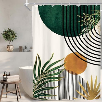 KOMLLEX Mid Century Green Boho Abstract Modern Bathroom Shower Curtain Set