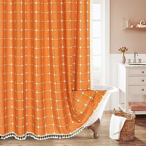 Boho Farmhouse Classic Plaid Linen Tassel Shower Curtain Orange,72x84