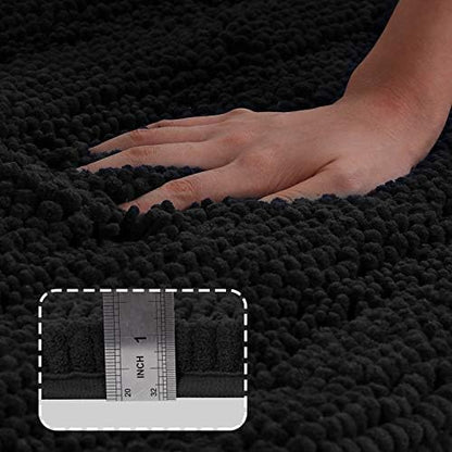 Turquoize Non Slip Black Bathroom Rug Extra Long Chenille Bath Rug 47x17 Super Water Absorbent & Soft Washable Shaggy Bath Rug for Bathroom, Black