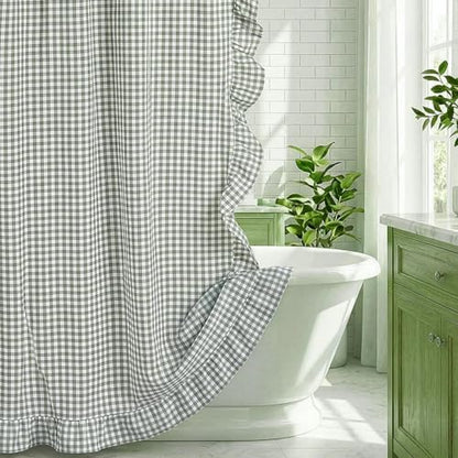 HunnmingRe Ruffled Gingham Shower Curtain Sage Green