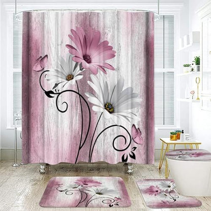 Onalasyc 4PCS Pink Daisy Floral Bathroom Sets with Shower Curtain and Rugs