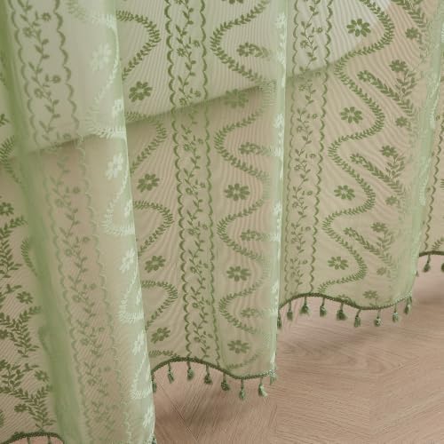 WAZZIO Sage Green Lace Shower Curtain - Vintage Pretty Floral Sheer Shower Curtains, Elegant Decorative Tassel Bath Curtains for Bathroom, 72 x 90 Inch, 1 Piece