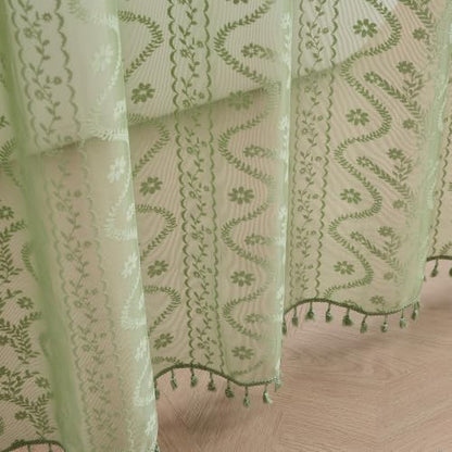 WAZZIO Sage Green Lace Shower Curtain - Vintage Pretty Floral Sheer Shower Curtains, Elegant Decorative Tassel Bath Curtains for Bathroom, 72 x 90 Inch, 1 Piece