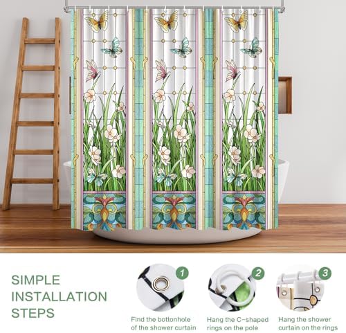 Flower Butterfly Shower Curtain, Glaze Glass Chinese Screen Window Shower Curtain Green Floral Shower Curtain Sets Waterproof Polyester Fabric Machine Washable Home Farmhouse Decor Bath Curtains