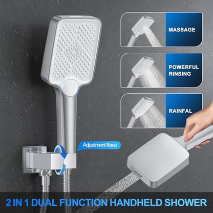 Shower Faucet Set, 12" Ceiling Mount Rainfall Shower System with 2 Rain Shower Head and Multi-function Handheld Head Push Button Diverter Shower Faucet Trim Kit (12", Polished Chrome)