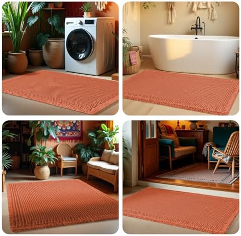 Upgrade Waffle Bath Mat, Boho Bathroom Rugs Absorbent Non Slip, Ultra Soft Bathroom Mat, Machine Washable Knit Bath Rugs with Tassels for Bathroom, Bedroom, Kitchen,Shower,Tub, 36"x24", Burnt Orange