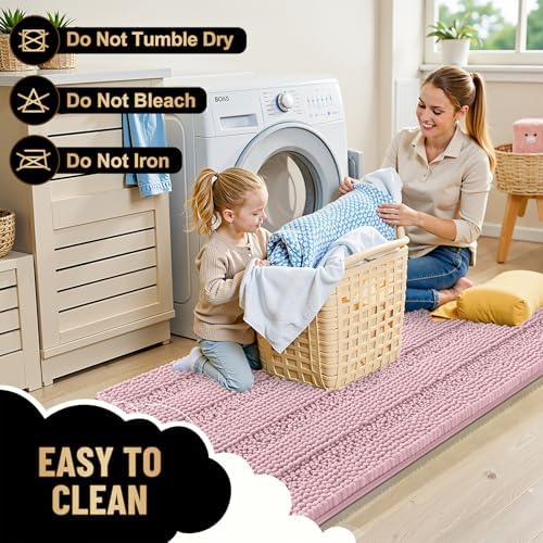 OLANLY Thick Bathroom Rugs 30x20, Chenille Striped Bath Rugs, Dusty Rose