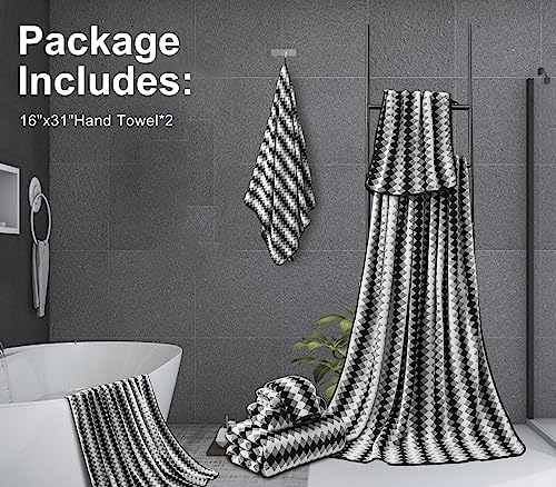 2 Hand Towel Set 16"x31" Black White Towel Set for Bathroom,Highly Absorbent & Quick Dry Hand Towel for Daily Use,Soft Microfiber Multipurpose Towel Collection for Hotel,Spa,Shower,Gym