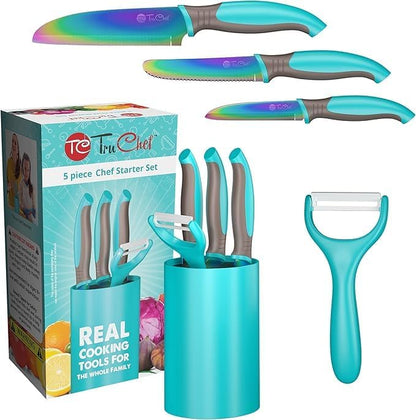 TruChef 5-Piece Kids Cooking Chef Knife Set | Real Stainless Steel Knives with Peeler, Serrated Knife & Holder | Kids Safe Rounded Tips, Easy-Grip Handles | Kitchen Knife Set (5 pcs, Aqua)