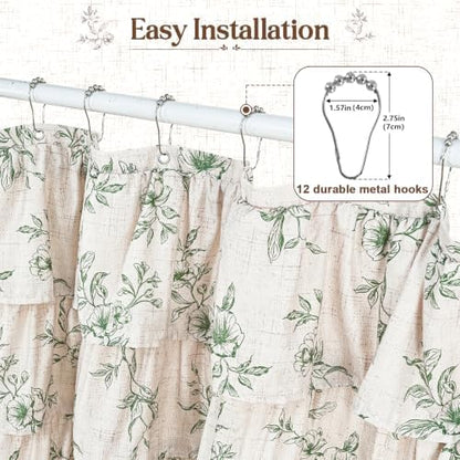 Extra Long Farmhouse Ruffle Shower Curtains with Green Floral, 72"Wx90"L