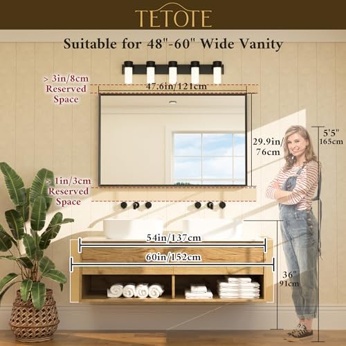 TETOTE Brushed Gold Frame Mirror for Bathroom Wall 48" x 30" Brushed Brass Beveled Rectangle Bathroom Vanity Mirror for Over Sink, Bedroom, Entryway, Living Room, Tempered Glass, Stronger Frame