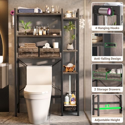 Besiost Over The Toilet Storage, 7 Tier Bathroom Organizer with Reversible Side Shelf and 2 Fabric Drawers, Adjustable Freestanding Rack Space Saver for Small Spaces, Grey Oak