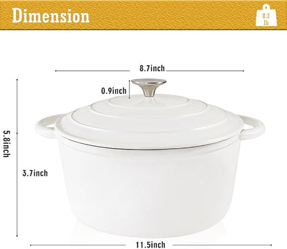 3 Quart Cast Iron Dutch Oven with Lid, Dual Handles Enameled Soup Pot, Heavy Duty and Oven Safe for Bread Baking, Braising, Cooking and Family Gifts, White