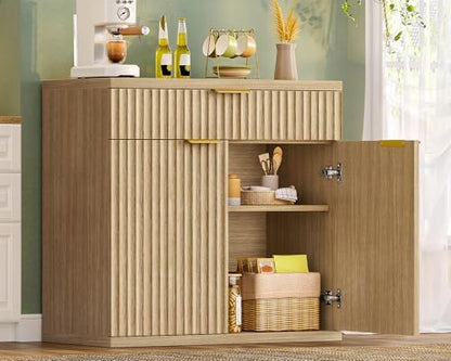 TEENFON 31.5" W Fluted Buffet Cabinet with Storage, Sideboard Cabinet, Coffee Bar Cabinet with 2 Doors and Adjustable Shelf for Living Room, Kitchen, Entryway, Natural