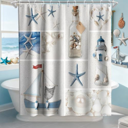 Beach Extra Long Shower Curtain Modern Ocean Nautical Summer Theme Fabric Nature Summer Bathroom Decor Sets with Grommets and Hooks 72 W x 84 H Inches Blue and White