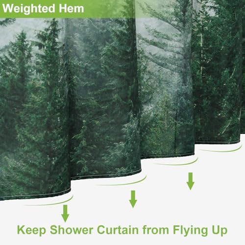 ORTIGIA 54x78 Misty Forest Stall Shower Curtain for Small Bathroom, Green Narrow Nature Woodland Shower Curtain Set with Hooks, Waterproof Fabric Pine Tree Fog Magic Home Bath Curtain