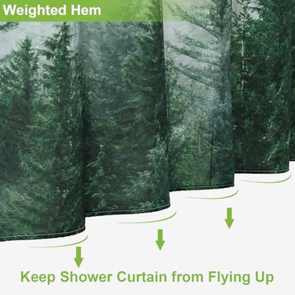 ORTIGIA 54x78 Misty Forest Stall Shower Curtain for Small Bathroom, Green Narrow Nature Woodland Shower Curtain Set with Hooks, Waterproof Fabric Pine Tree Fog Magic Home Bath Curtain