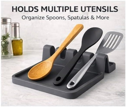 Silicone Spoon Rest for Stove – Heat Resistant, Non-Slip, Dishwasher Safe Utensil Holder with Drip Pad (Dark Gray)