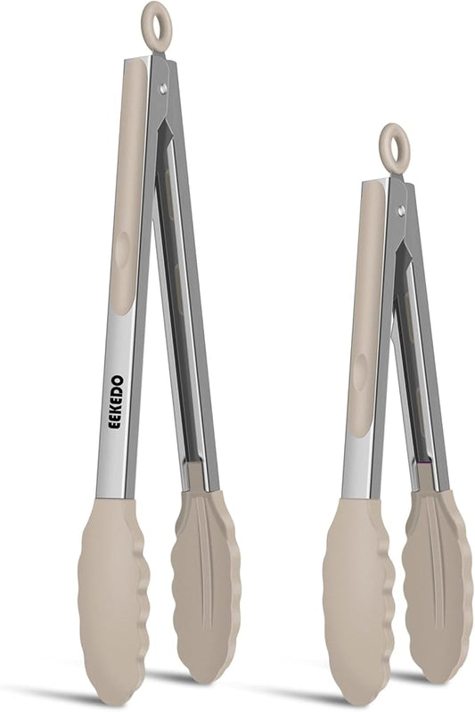 Tongs for Cooking, 600ºF High Heat-Resistant Stainless Steel Kitchen Tongs with Silicone Tips, Non Scratch, Locking Tong for BBQ Grilling Air Fryer Food Salads, Set of 2 (9" and 12") Beige