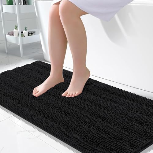 OLANLY Thick Large Bathroom Rugs 50x30, Soft Chenille Bath Rugs, Black