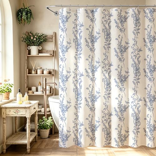Blue Linen Farmhouse Shower Curtain, Boho Floral Bathroom 72x84