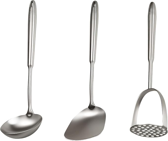 304 Professional Potato Masher, Stainless Steel Kitchen Utensils Set, 3 PCS Long Large Metal Cooking Utensil Tools Set, Mirror Polished Kitchen Gadget Kitchen Tool Set, Dishwasher Safe