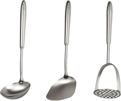 304 Professional Potato Masher, Stainless Steel Kitchen Utensils Set, 3 PCS Long Large Metal Cooking Utensil Tools Set, Mirror Polished Kitchen Gadget Kitchen Tool Set, Dishwasher Safe