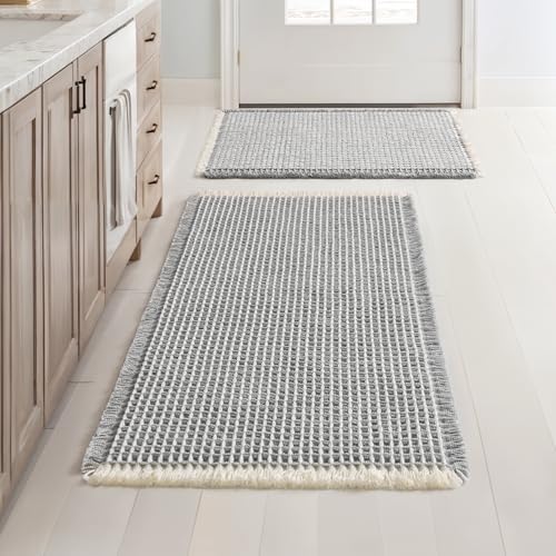 MIULEE Set of 2 Waffle Bathroom Rugs LightGrey&Cream 17"x24"+18"x30"
