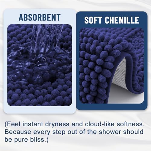 Grandaily Chenille Striped Bathroom Rugs 24x16, Extra Thick and Soft Absorbent Bath Mats, Rubber Backing, Plush Shaggy Shower Carpet, Machine Wash Dry, Bath Rug for Bathroom, Twilight Sapphire